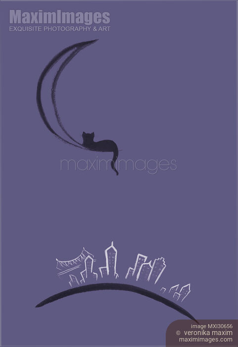 Stock image of Black cat lying on the moon above New York city sumi-e illustration design Buy commercial use license at MaximImages