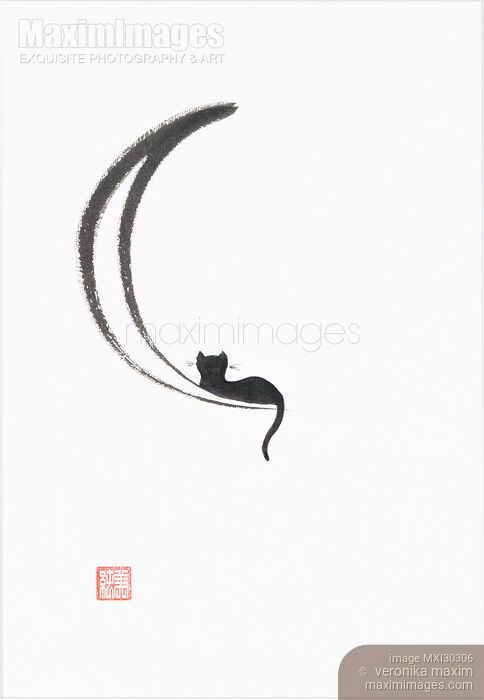 Stock image of Black cat lying on the waning moon Japanese Zen Sumi-e painting on white rice paper Buy commercial use license at MaximImages