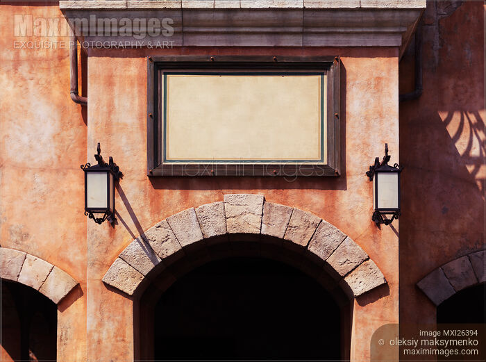 Blank sign board on an old building Stock photo of Blank sign board on an old building Buy commercial use license at MaximImages