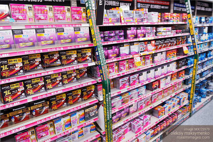 Stock photo of Blue ray disks on shelves of electronics store in Japan Buy commercial use license at MaximImages