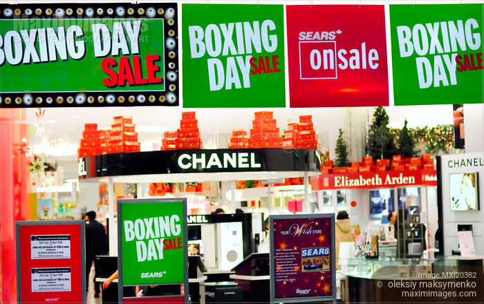 Stock photo of Boxing Day Sale Signs in a Store Buy commercial use license at MaximImages