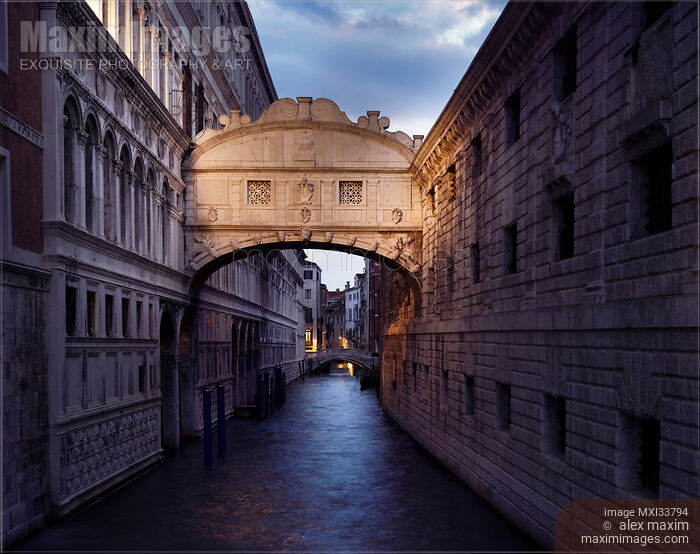 Stock photo of Bridge of Sighs of Piombi prison at the Doge's Palace in Venice Italy at night Buy commercial use license at MaximImages