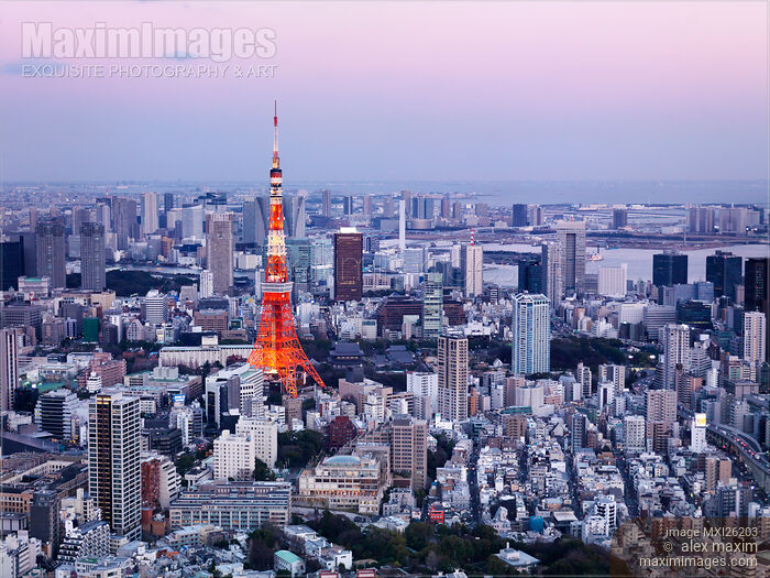 Stock photo of Bright red Tokyo Tower in city scenery at dusk Buy commercial use license at MaximImages