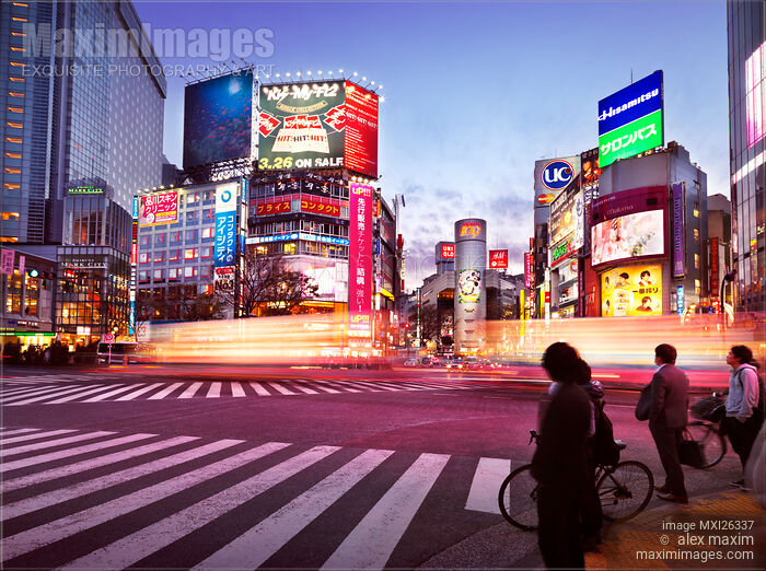 Stock photo of Brightly lit intersection of Shibuya Tokyo Buy commercial use license at MaximImages