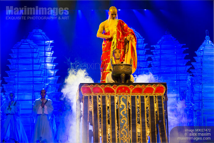 Stock photo of Buddhist meditation Kung Fu performance at theatre Buy commercial use license at MaximImages