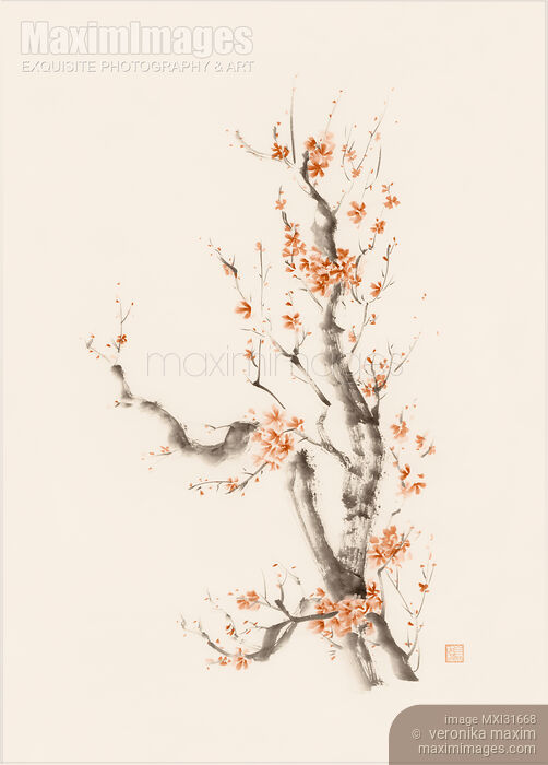 Stock image of Bushy sakura branch with many brown red flowers oriental sumi-e design Buy commercial use license at MaximImages