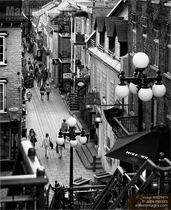 Busy historic streets of Old Quebec City Rue du Petit-Champlain Black and white Stock photo of Busy historic streets of Old Quebec City Rue du Petit-Champlain Black and white Buy commercial use license at MaximImages