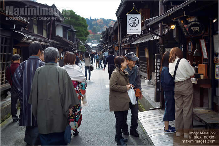Stock photo of Busy with tourists old town market street of Takayama city Gifu Japan travel photography Buy commercial use license at MaximImages