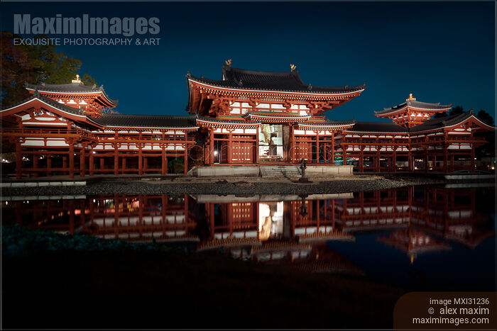 Byodoin temple Phoenix Hall illuminated with lights at night in Kyoto Japan Stock photo of Byodoin temple Phoenix Hall illuminated with lights at night in Kyoto Japan Buy commercial use license at MaximImages