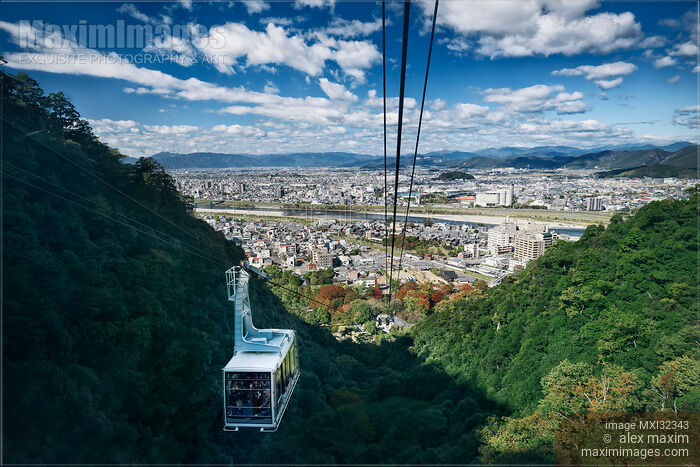Stock photo of Cable car in aerial scenery of Mt Kinka Ropeway City of Gifu Mount Kinka Japan travel Buy commercial use license at MaximImages