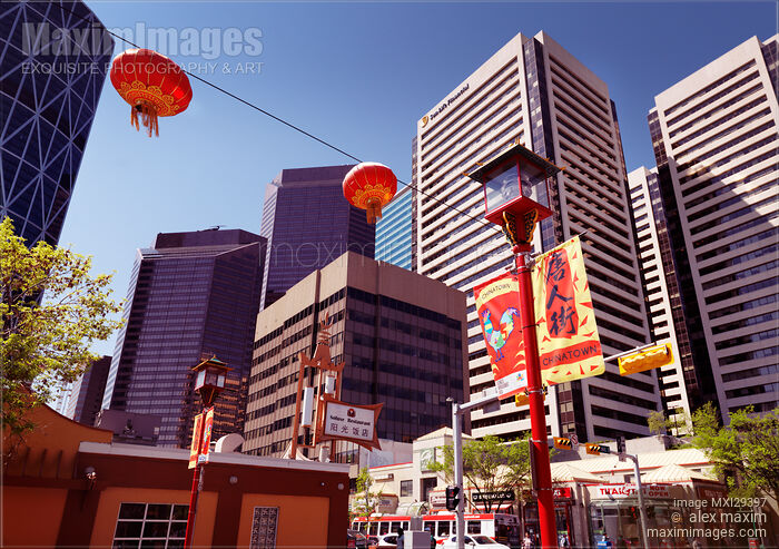 Stock photo of Calgary city Chinatown with its vivid colors and downtown towers Buy commercial use license at MaximImages