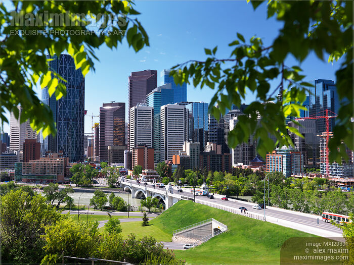Stock photo of Calgary city downtown skyline and Centre Street Bridge in summer Buy commercial use license at MaximImages