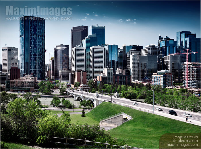 Stock photo of Calgary downtown skyline and Centre Street Bridge artistic dramatic scenery Buy commercial use license at MaximImages