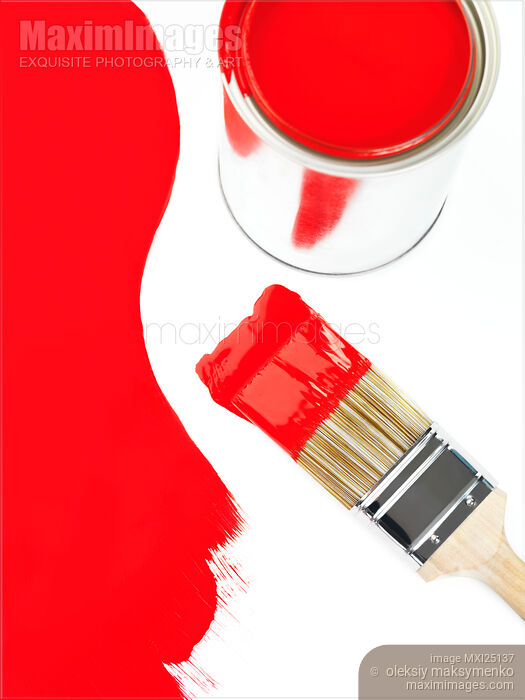 Stock photo of Can of red paint and a brush Buy commercial use license at MaximImages