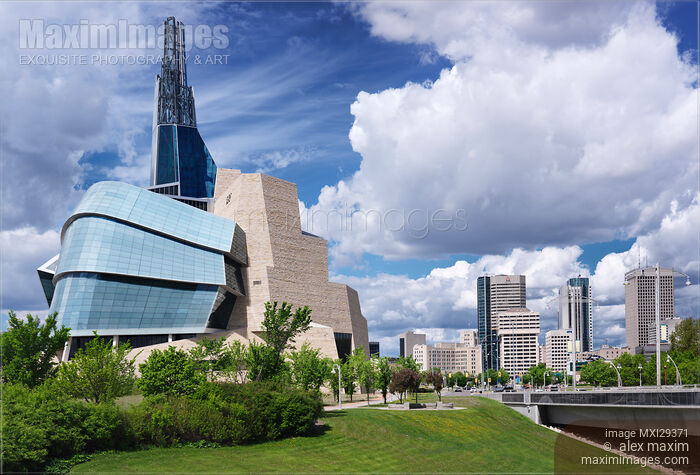 Stock photo of Canadian Museum for Human Rights and downtown skyline of Winnipeg Manitoba Buy commercial use license at MaximImages