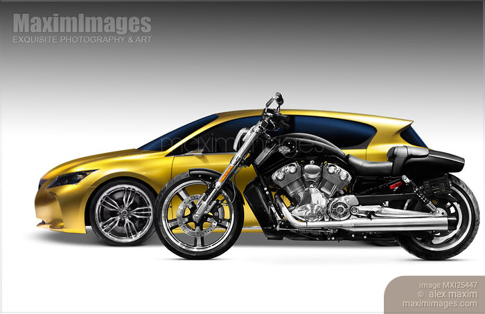 Stock photo of Car and motorcycle side view Buy commercial use license at MaximImages