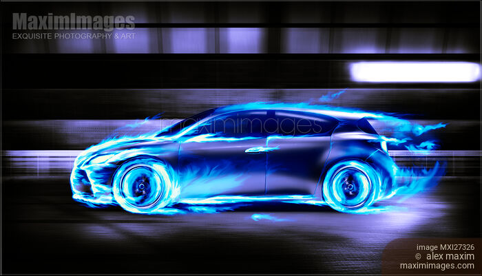 Stock photo of Car burning in blue flames racing in a tunnel Buy commercial use license at MaximImages