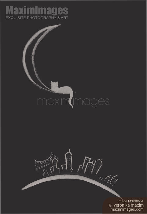 Stock image of Cat lying on the moon above New York city at night illustration design on black background Buy commercial use license at MaximImages