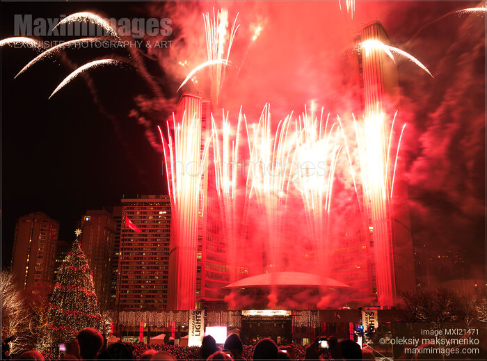 Stock photo of Cavalcade of Lights Fireworks at Toronto City Hall Buy commercial use license at MaximImages