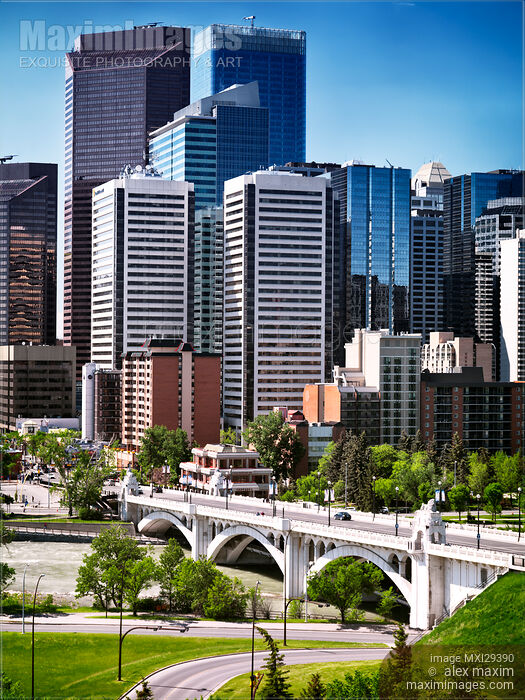 Stock photo of Centre Street Bridge and Calgary downtown towers Buy commercial use license at MaximImages