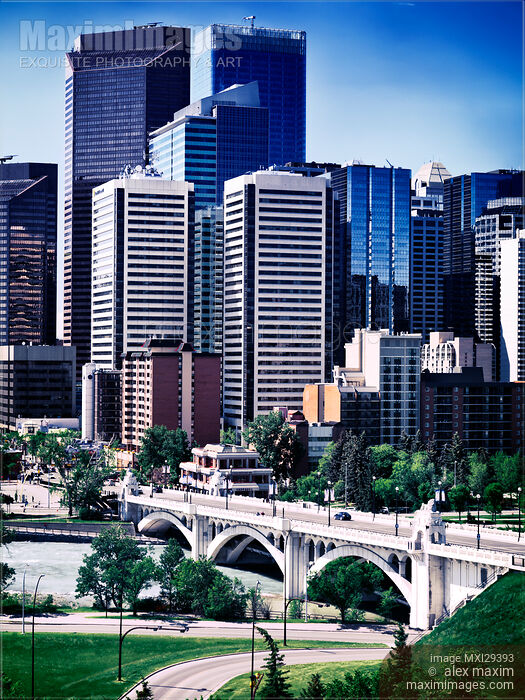 Centre Street Bridge and Calgary downtown towers in artistic colors Stock photo of Centre Street Bridge and Calgary downtown towers in artistic colors Buy commercial use license at MaximImages
