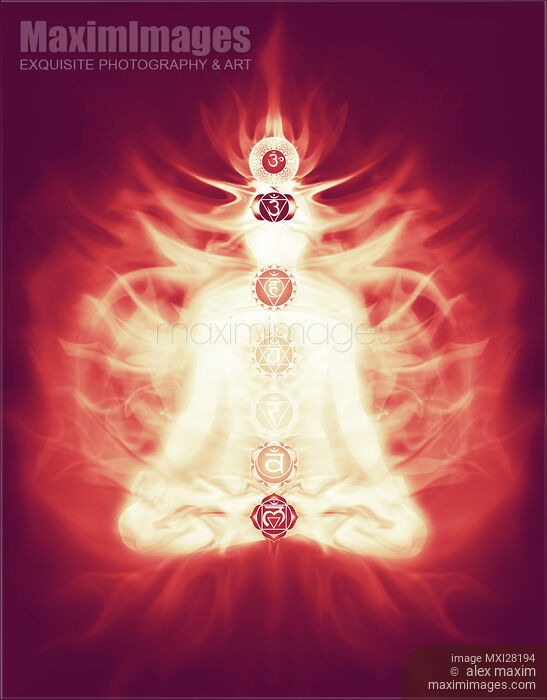 Stock image of Chakras symbols and energy flow on human body. Qi or Prana concept. Buy commercial use license at MaximImages