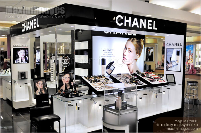 Stock photo of Chanel Cosmetics Display in a Store Buy commercial use license at MaximImages