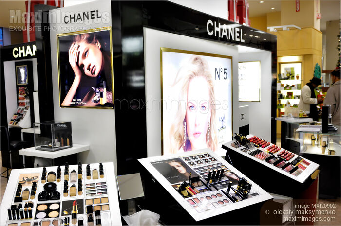 Stock photo of Chanel Cosmetics Display in a Store Buy commercial use license at MaximImages