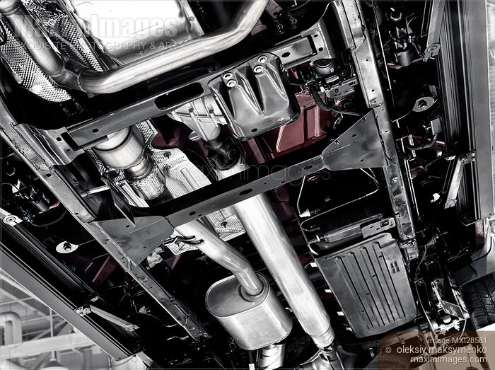 Stock photo of Chevrolet Pickup Truck underside transmission and exhaust systems Buy commercial use license at MaximImages