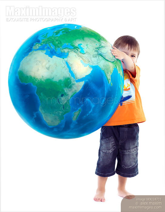 Stock photo of Child holding world Earth globe in his hands Buy commercial use license at MaximImages