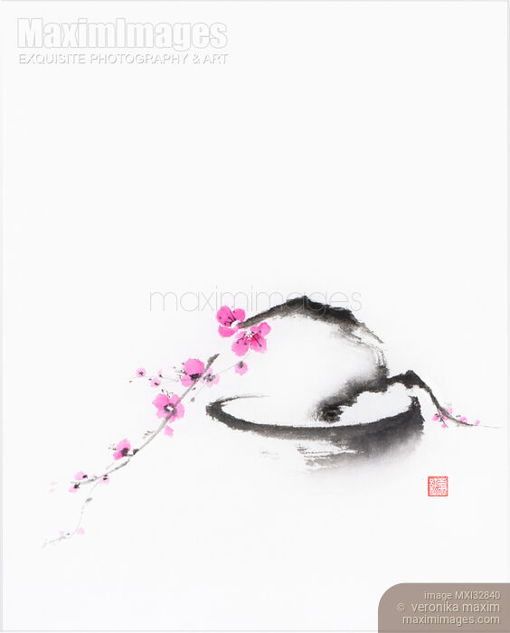 Chinese brush painting of a dreamy bonsai sakura tree in a pot with pink blossoms Stock image of Chinese brush painting of a dreamy bonsai sakura tree in a pot with pink blossoms Buy commercial use license at MaximImages