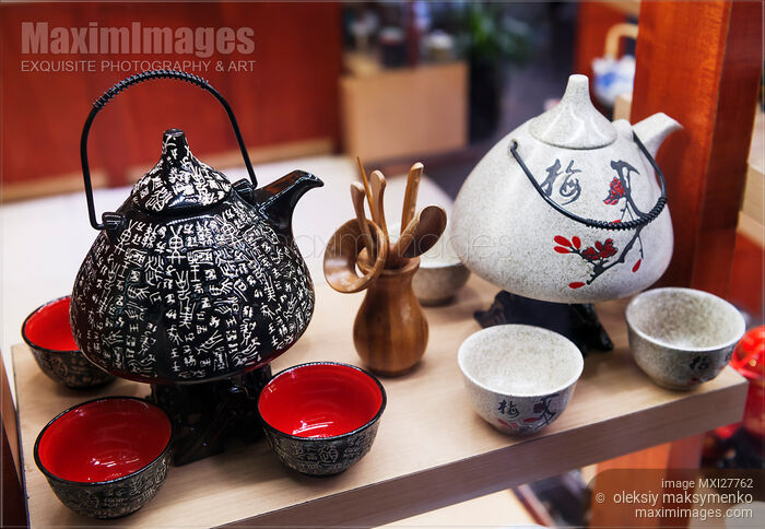 Stock photo of Chinese tea sets teapot and cups Buy commercial use license at MaximImages
