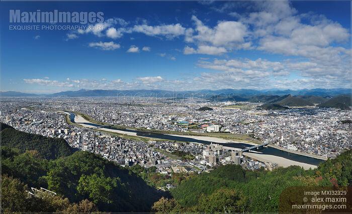 City of Gifu aerial scenery panorama on Nagara River Gifu prefecture Japan Stock photo of City of Gifu aerial scenery panorama on Nagara River Gifu prefecture Japan Buy commercial use license at MaximImages