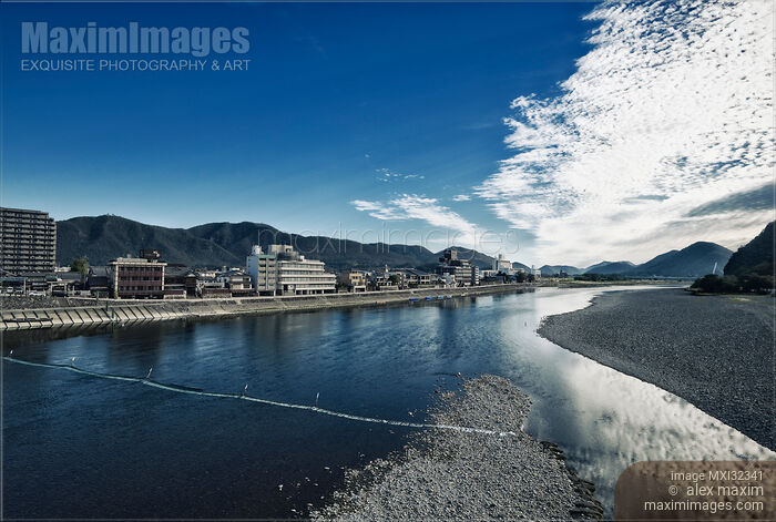 Stock photo of City of Gifu sunrise scenery of buildings along the Nagara River Buy commercial use license at MaximImages