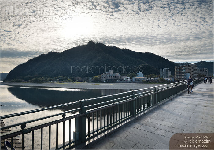 Stock photo of City of Gifu sunrise scenery of the Nagara River and the Mt Kinka Buy commercial use license at MaximImages