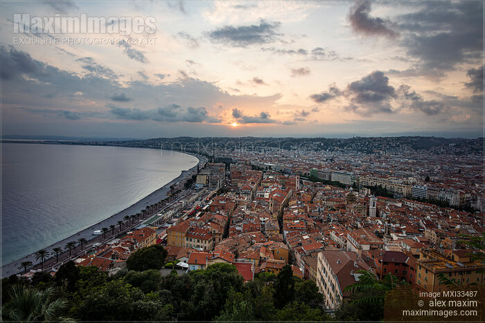 Stock photo of City of Nice aerial landscape scenery of the old town at sunset, France Buy commercial use license at MaximImages