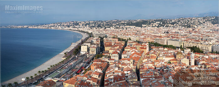 Stock photo of City of Nice, France. Aerial panoramic landscape scenery, French Riviera, Mediterranean Sea shore. Buy commercial use license at MaximImages