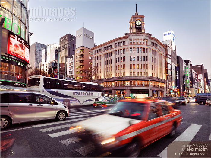 Stock photo of City traffic in Tokyo Ginza near Wako Department Store Buy commercial use license at MaximImages