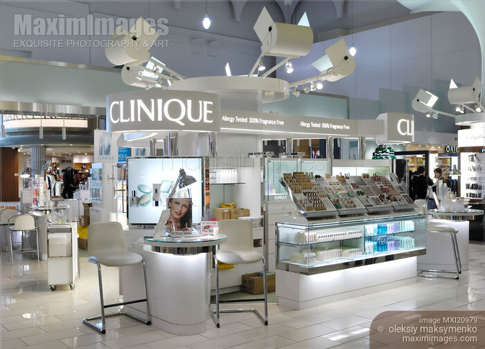Stock photo of Clinique Cosmetics Display in a Mall Buy commercial use license at MaximImages