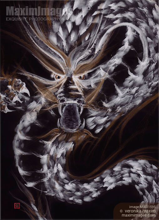 Closeup of a fierce dragon face sumi-e ink painting on black Stock image of Closeup of a fierce dragon face sumi-e ink painting on black Buy commercial use license at MaximImages