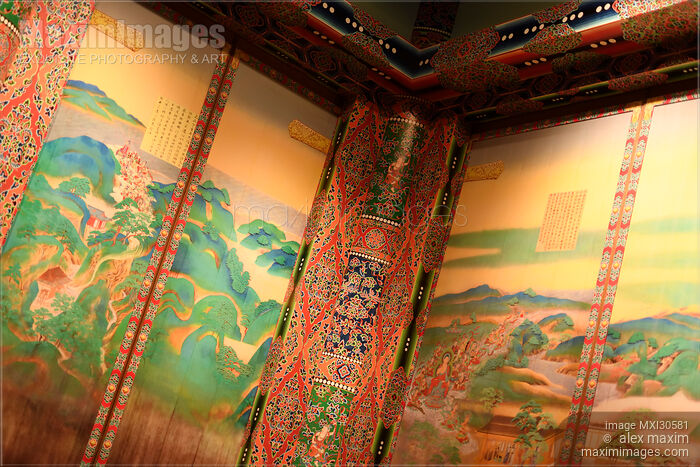 Colorful ornaments of painted walls of a Japanese Buddhist temple Stock photo of Colorful ornaments of painted walls of a Japanese Buddhist temple Buy commercial use license at MaximImages