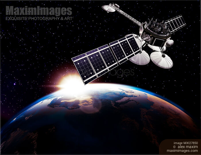 Stock image of Communication satellite in space above Earth. Starlink internet concept. Buy commercial use license at MaximImages