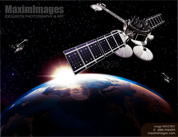 Communication satellites in space above Earth with rising sun Stock image of Communication satellites in space above Earth with rising sun Buy commercial use license at MaximImages