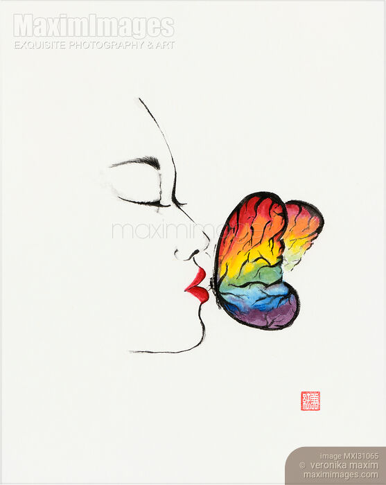 Stock image of Conceptual painting of an asian woman kissing a rainbow butterfly with her red lips Buy commercial use license at MaximImages