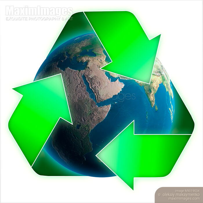 Stock image of Conceptual Recycling Symbol over Earth Globe Buy commercial use license at MaximImages