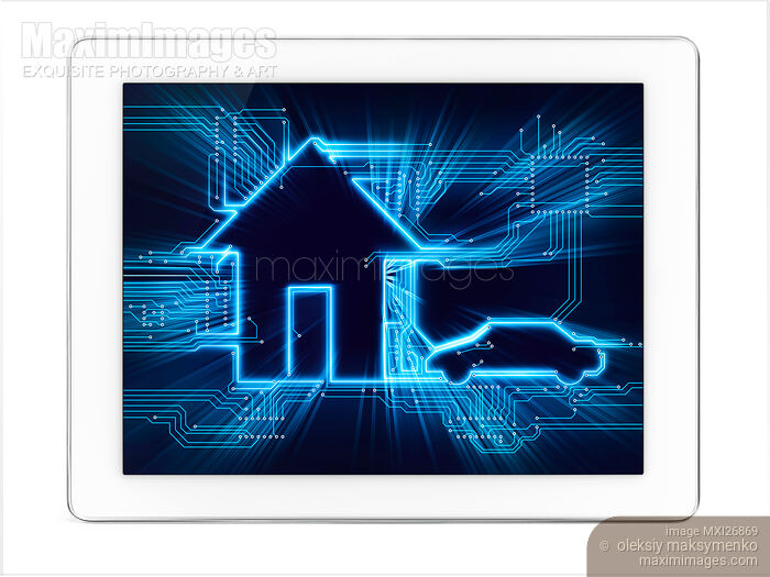Connected home and car diagram on tablet display Stock photo of Connected home and car diagram on tablet display Buy commercial use license at MaximImages