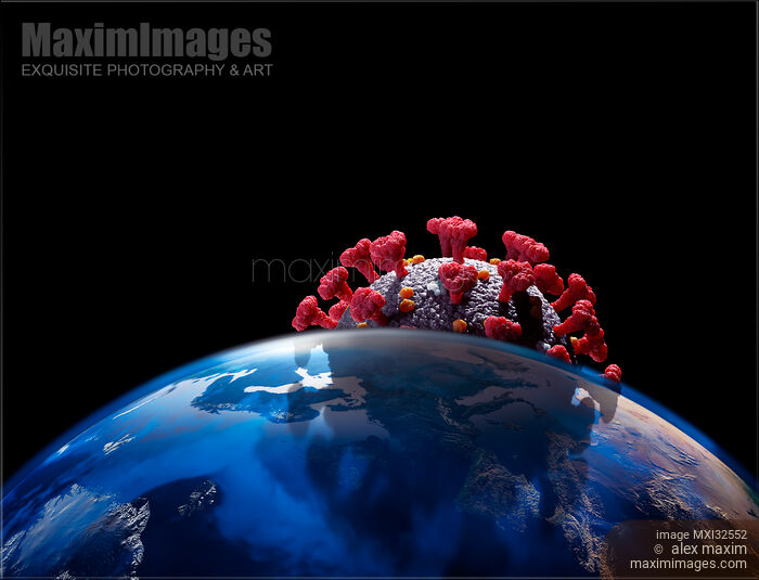 Stock image of Coronavirus COVID-19 3D illustration of red virus particle casting shadow on the world globe epidemic concept Buy commercial use license at MaximImages
