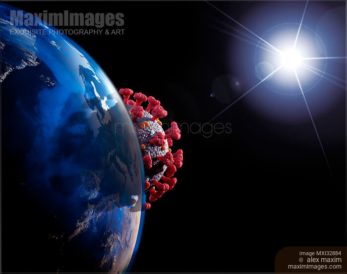 Coronavirus COVID-19 virus global pandemic overshadowing planet Earth from sun concept illustration Stock image of Coronavirus COVID-19 virus global pandemic overshadowing planet Earth from sun concept illustration Buy commercial use license at MaximImages