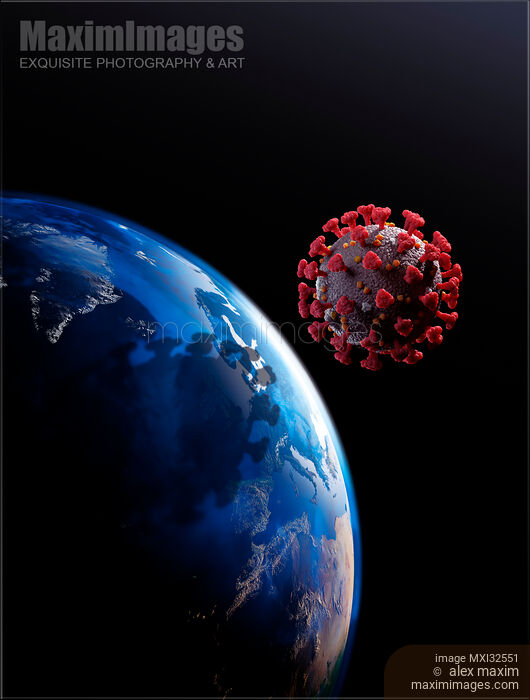 Stock image of Coronavirus COVID-19 virus particle casting shadow over planet Earth epidemic conceptual illustration Buy commercial use license at MaximImages