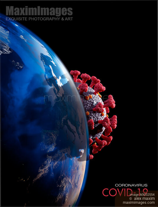 Stock image of Coronavirus COVID-19 virus particle overshadowing the Earth globe epidemic conceptual illustration Buy commercial use license at MaximImages